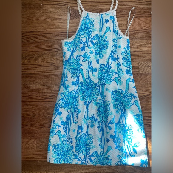 Lilly Pulitzer Pearl Lace Crochet Halter Neck Shift Resort White Blue Dress - Picture 7 of 11